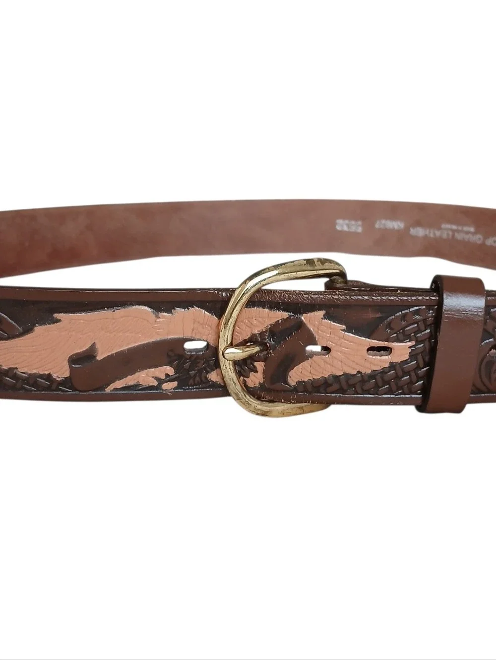 Top Grain Leather Tooled Eagle Western Belt Brass Buckle Men's 38 Brown Patriot